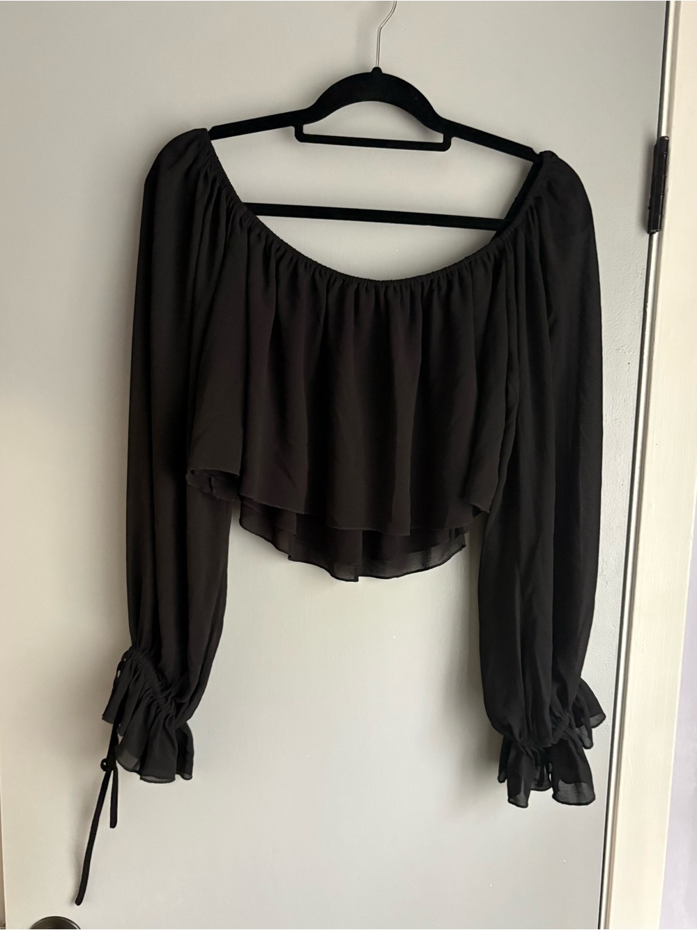 NBD Black Off-Shoulder Layered Ruffle Blouse